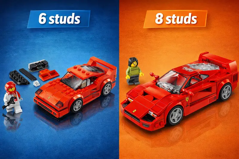Comparativa LEGO Speed Champions 6 studs vs 8 studs: diferencias de escala y detalle