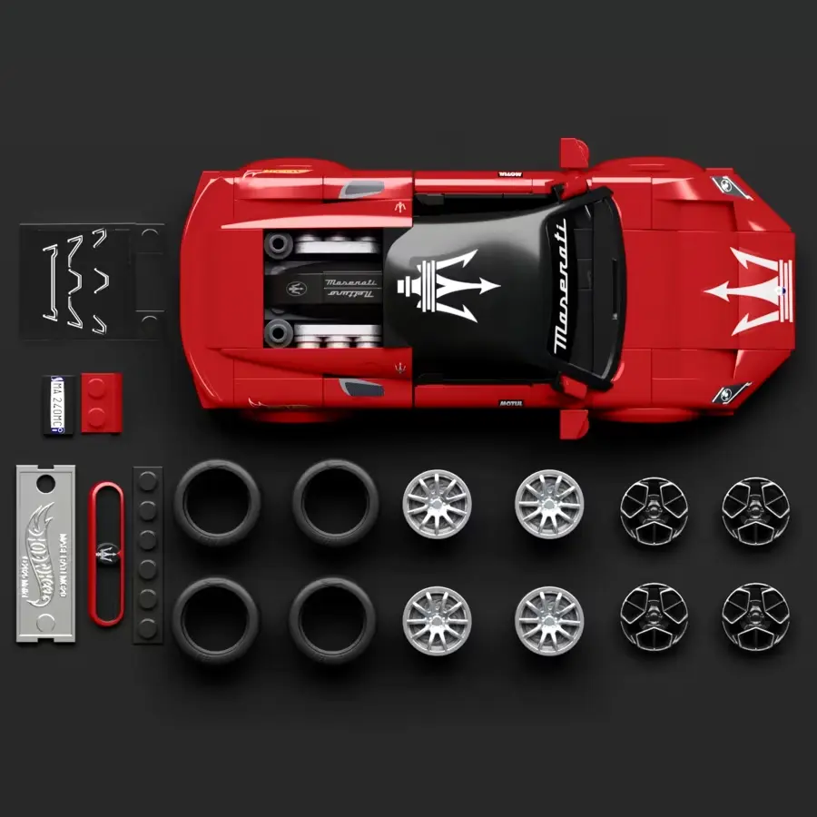 Maserati MC20 Mattel Brick Shop contenido