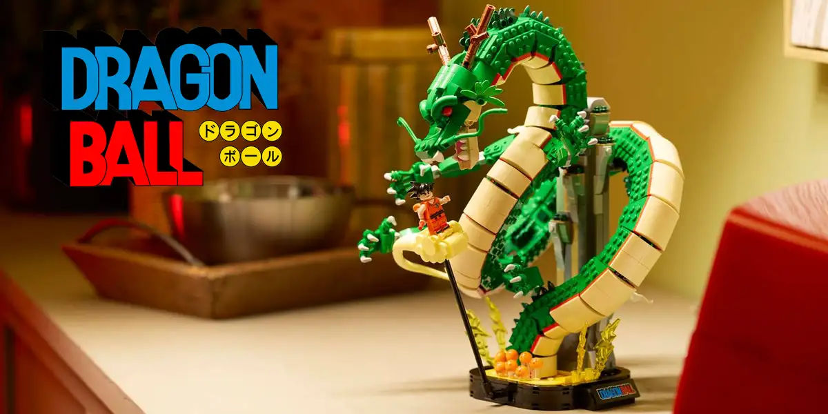 LEGO Icons 11390 Dragon Ball: Shenron & Goku, dragón enroscado en el pilar con Goku niño sobre la nube Kinton